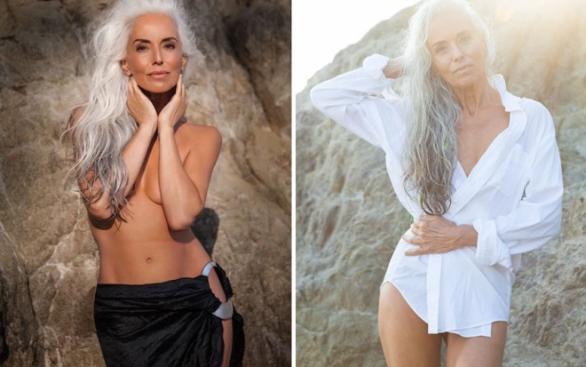 61 yaşlı modelin çimərlik geyimində fotosessiyası