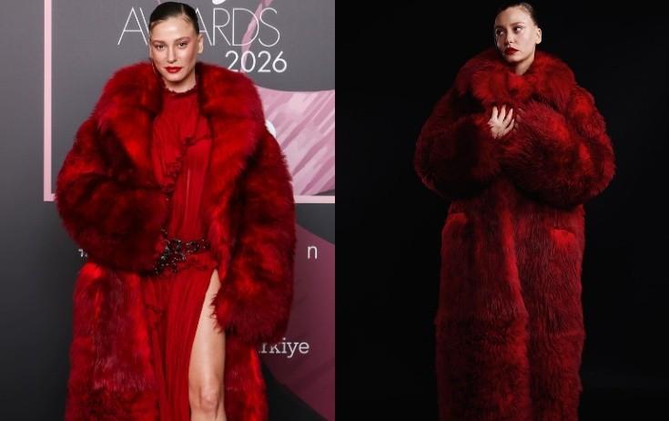 Aktrisa qırmızı kürkü ilə diqqət çəkib